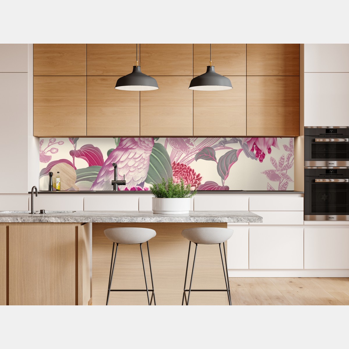 Naklejka repozycjonowalna różowa papuga i chryzantema - botaniczny motyw – Wallissimo® Naklejka repozycjonowalna różowa papuga i chryzantema - botaniczny motyw – Wallissimo®