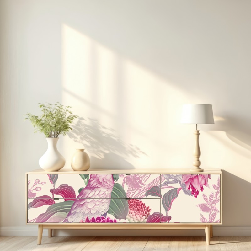 Naklejka repozycjonowalna różowa papuga i chryzantema - botaniczny motyw – Wallissimo® Naklejka repozycjonowalna różowa papuga i chryzantema - botaniczny motyw – Wallissimo®