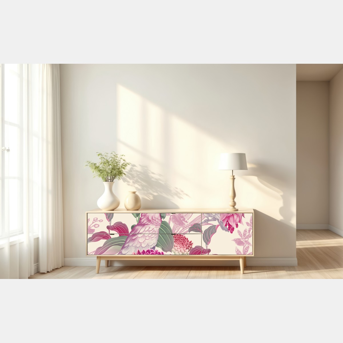 Naklejka repozycjonowalna różowa papuga i chryzantema - botaniczny motyw – Wallissimo® Naklejka repozycjonowalna różowa papuga i chryzantema - botaniczny motyw – Wallissimo®