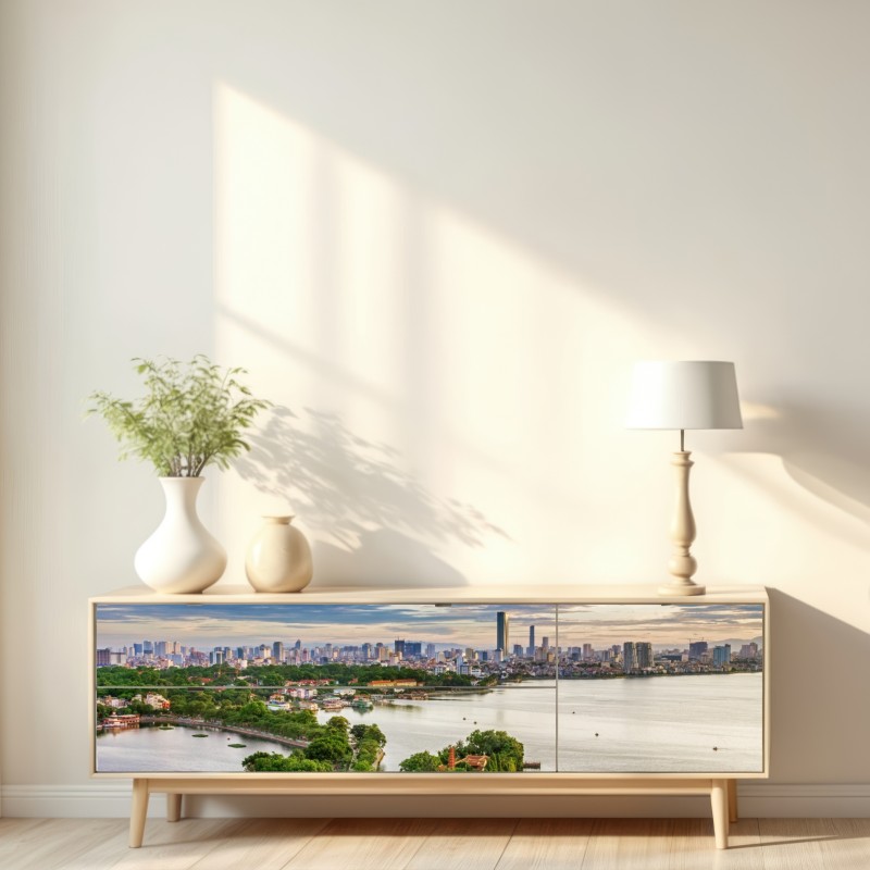 Naklejka repozycjonowalna spokojna miejska panorama nad jeziorem – Wallissimo® Naklejka repozycjonowalna spokojna miejska panorama nad jeziorem – Wallissimo®