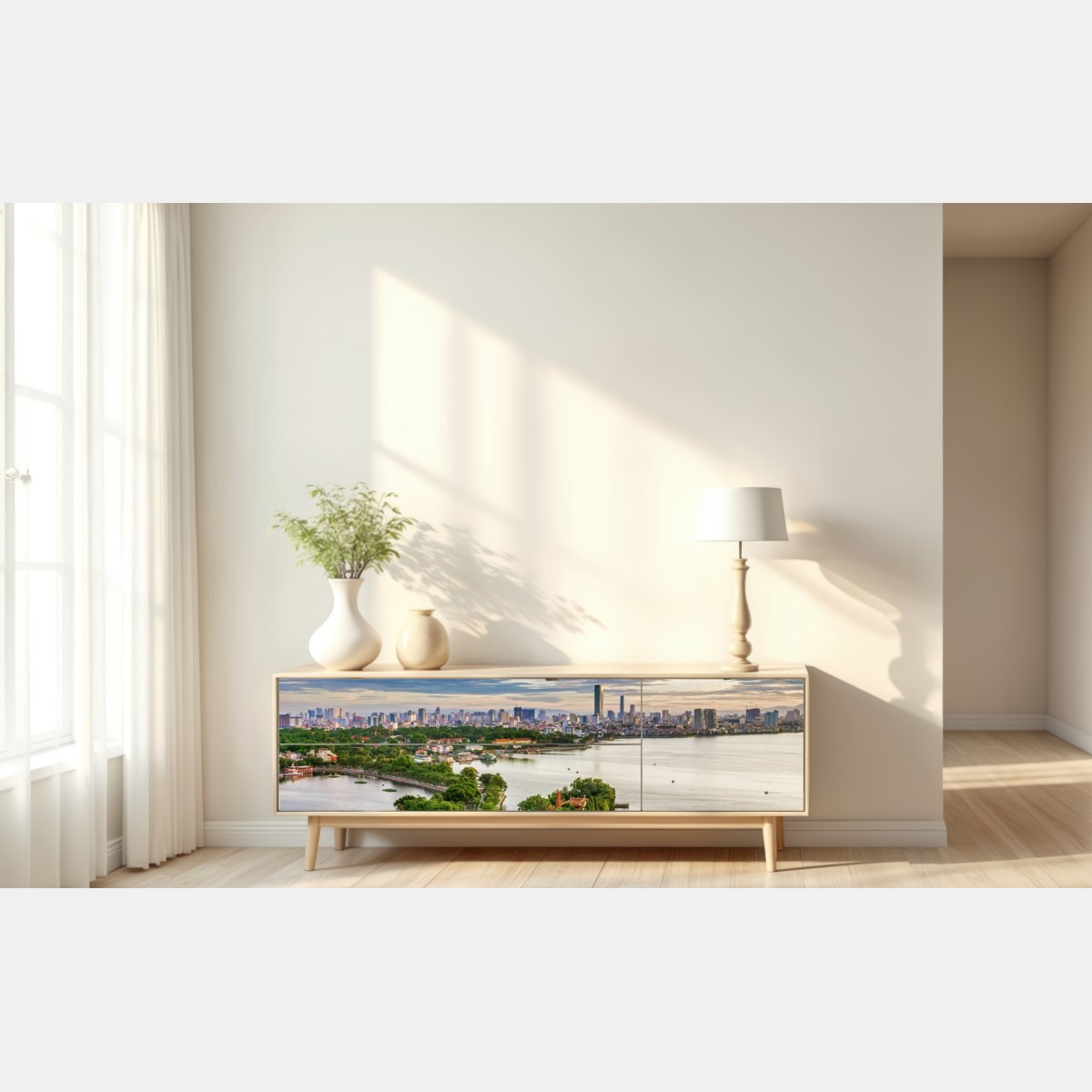 Naklejka repozycjonowalna spokojna miejska panorama nad jeziorem – Wallissimo® Naklejka repozycjonowalna spokojna miejska panorama nad jeziorem – Wallissimo®