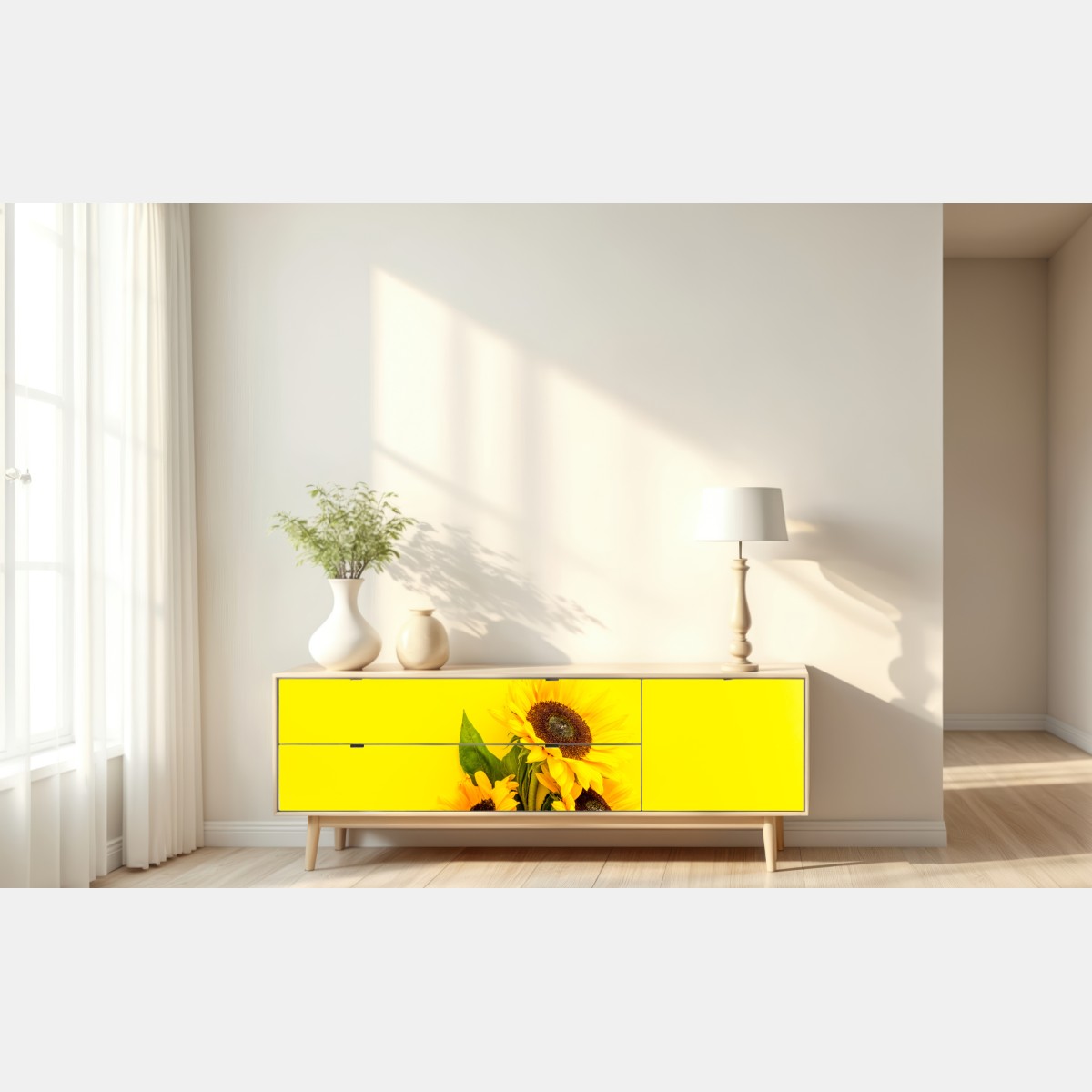 Naklejka repozycjonowalna jasny bukiet słoneczników na żółtym tle – Wallissimo® Naklejka repozycjonowalna jasny bukiet słoneczników na żółtym tle – Wallissimo®