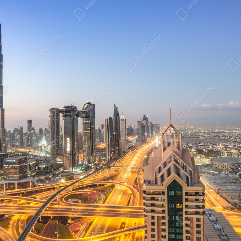 Naklejka repozycjonowalna panorama Dubaju o zmierzchu – Wallissimo® Naklejka repozycjonowalna panorama Dubaju o zmierzchu – Wallissimo®