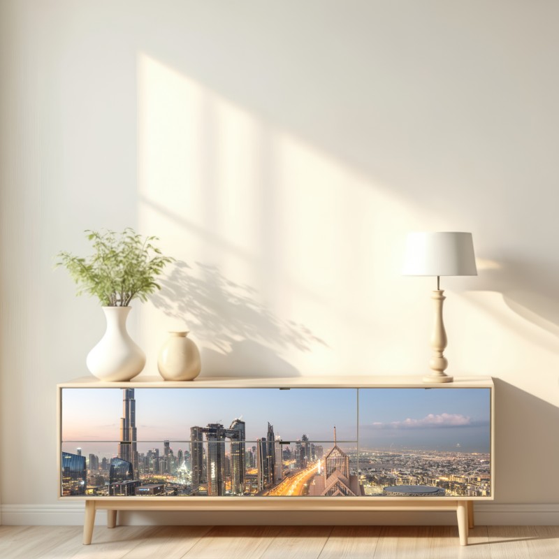 Naklejka repozycjonowalna panorama Dubaju o zmierzchu – Wallissimo® Naklejka repozycjonowalna panorama Dubaju o zmierzchu – Wallissimo®