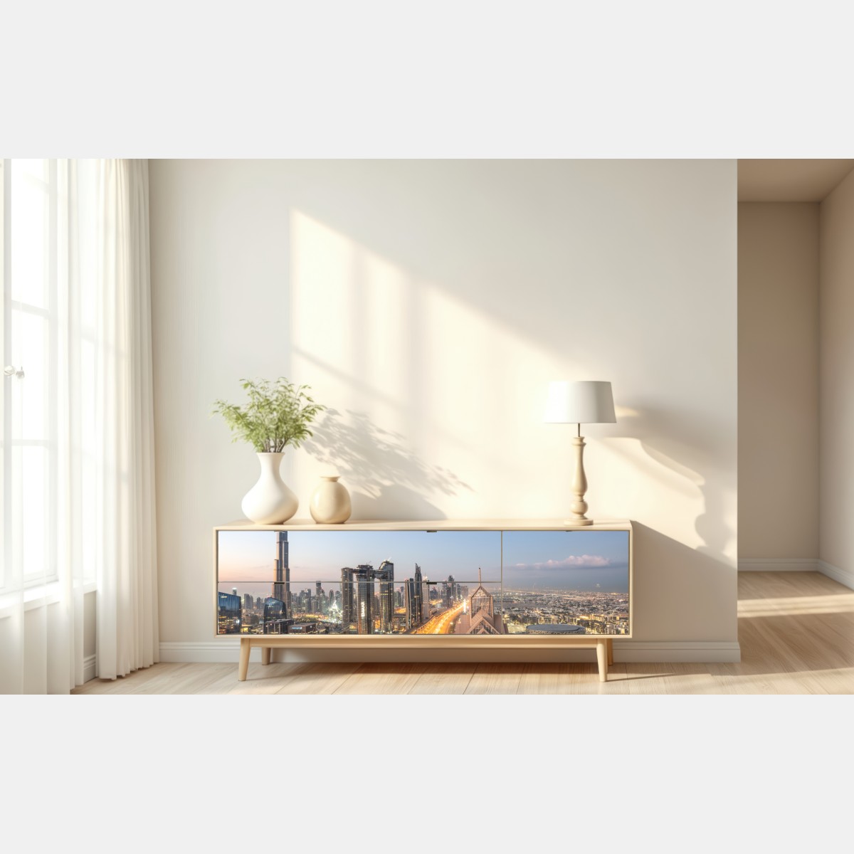 Naklejka repozycjonowalna panorama Dubaju o zmierzchu – Wallissimo® Naklejka repozycjonowalna panorama Dubaju o zmierzchu – Wallissimo®