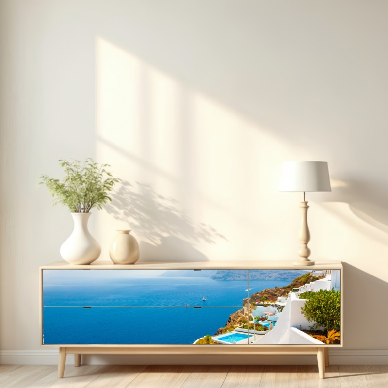 Naklejka repozycjonowalna Santorini widok na wybrzeże z białą architekturą – Wallissimo® Naklejka repozycjonowalna Santorini widok na wybrzeże z białą architekturą – Wallissimo®