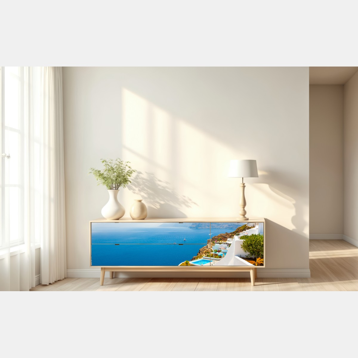 Naklejka repozycjonowalna Santorini widok na wybrzeże z białą architekturą – Wallissimo® Naklejka repozycjonowalna Santorini widok na wybrzeże z białą architekturą – Wallissimo®