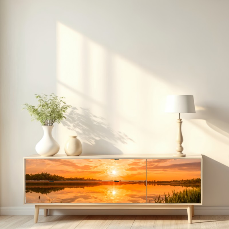Naklejka repozycjonowalna złoty zachód słońca nad spokojnym jeziorem – Wallissimo® Naklejka repozycjonowalna złoty zachód słońca nad spokojnym jeziorem – Wallissimo®