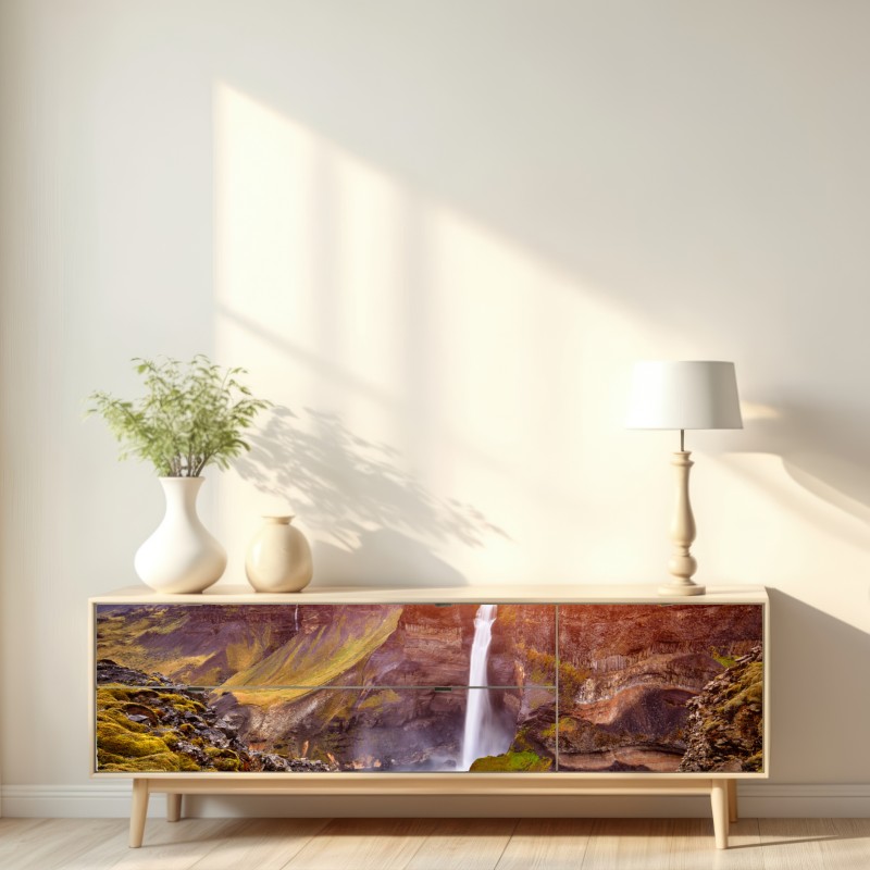 Naklejka repozycjonowalna Haifoss wodospad o zachodzie słońca – Wallissimo® Naklejka repozycjonowalna Haifoss wodospad o zachodzie słońca – Wallissimo®