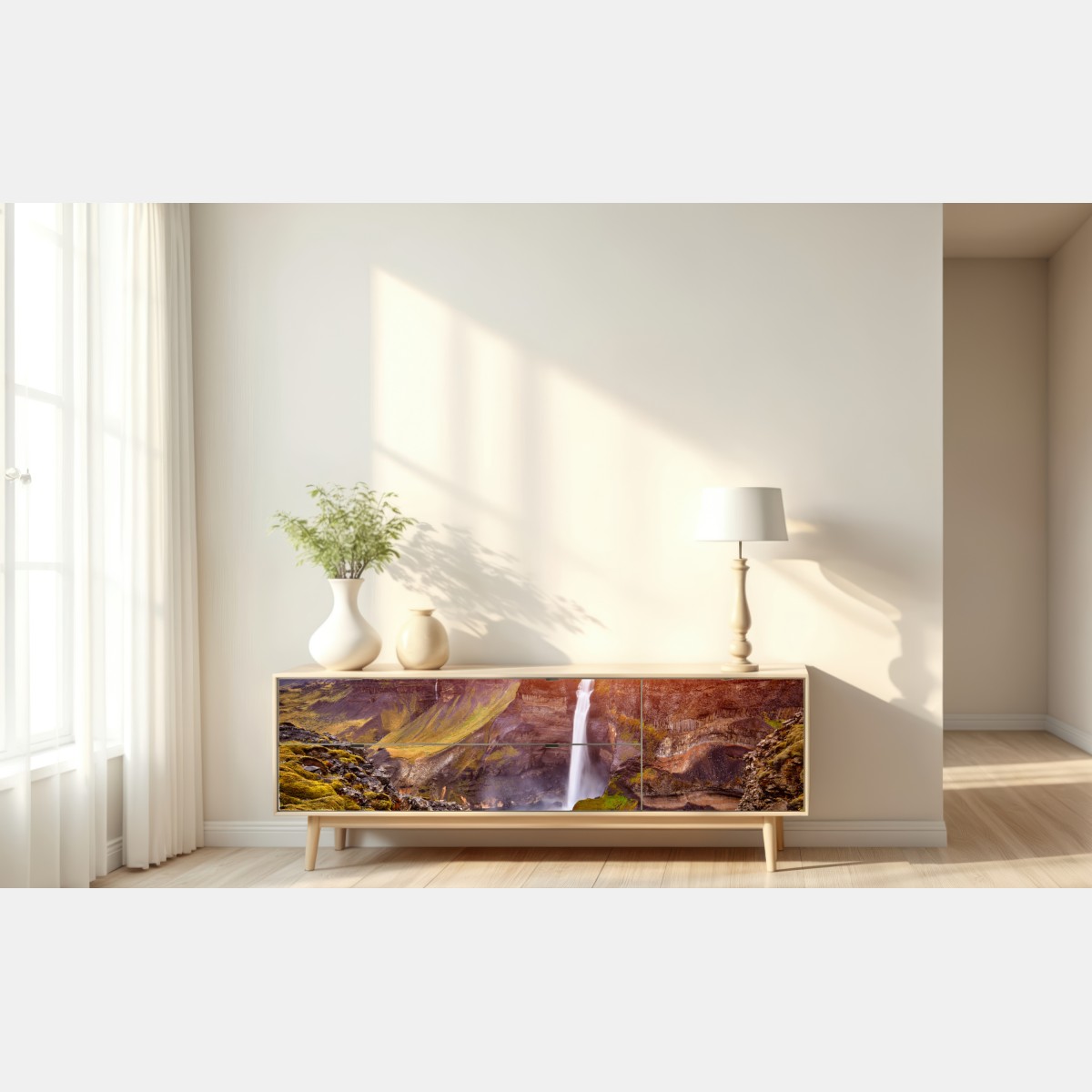 Naklejka repozycjonowalna Haifoss wodospad o zachodzie słońca – Wallissimo® Naklejka repozycjonowalna Haifoss wodospad o zachodzie słońca – Wallissimo®