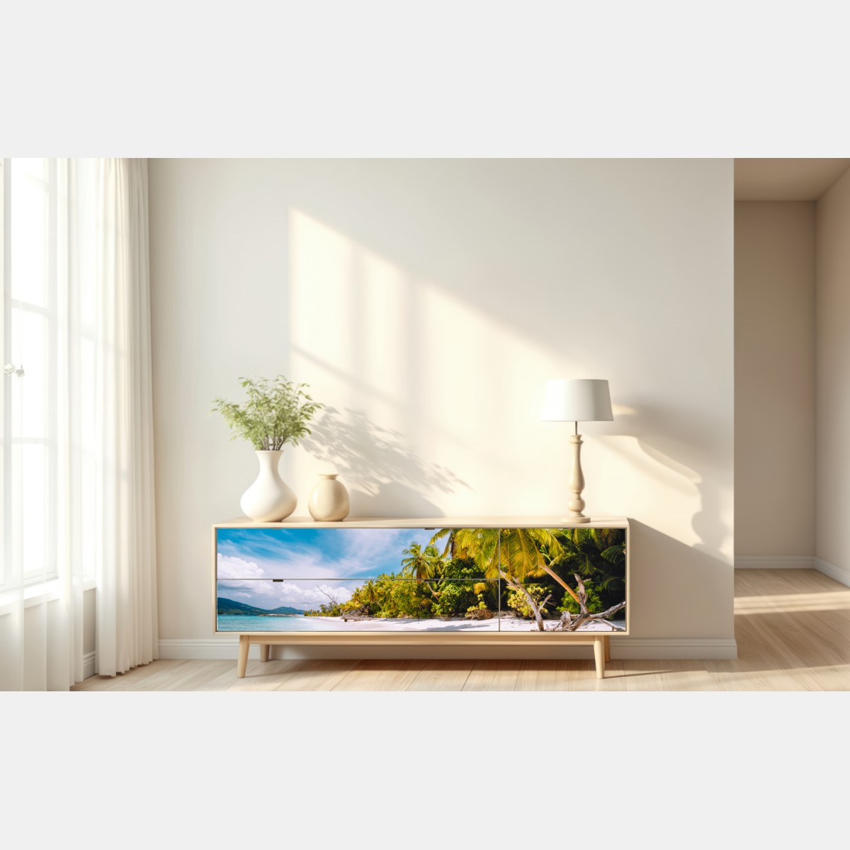 Naklejka repozycjonowalna tropikalna plaża z palmami – Wallissimo® Naklejka repozycjonowalna tropikalna plaża z palmami – Wallissimo®