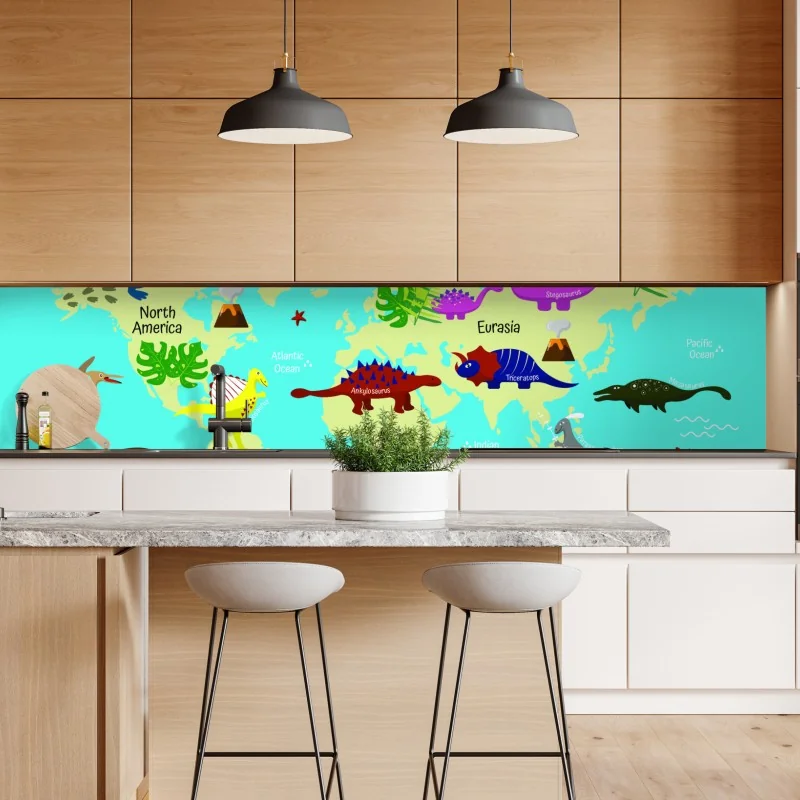 Naklejka repozycjonowalna kolorowa mapa świata z dinozaurami – Wallissimo® Naklejka repozycjonowalna kolorowa mapa świata z dinozaurami – Wallissimo®