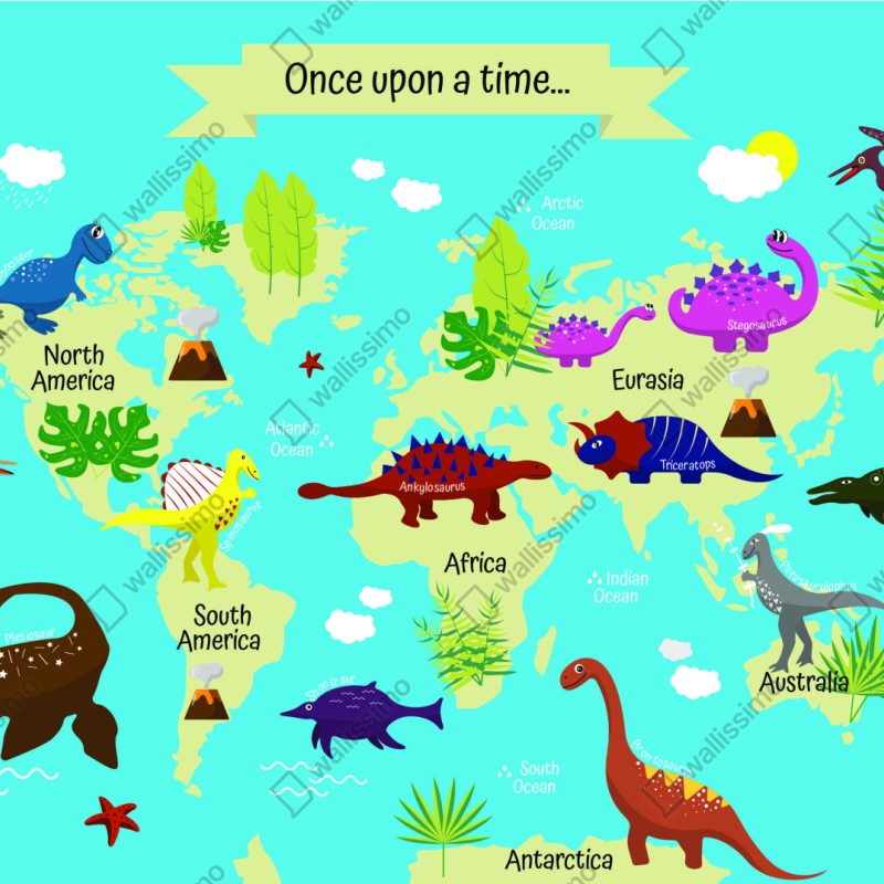 Naklejka repozycjonowalna kolorowa mapa świata z dinozaurami – Wallissimo® Naklejka repozycjonowalna kolorowa mapa świata z dinozaurami – Wallissimo®