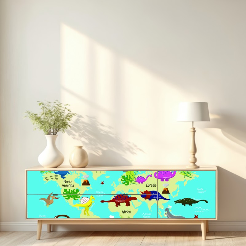 Naklejka repozycjonowalna kolorowa mapa świata z dinozaurami – Wallissimo® Naklejka repozycjonowalna kolorowa mapa świata z dinozaurami – Wallissimo®