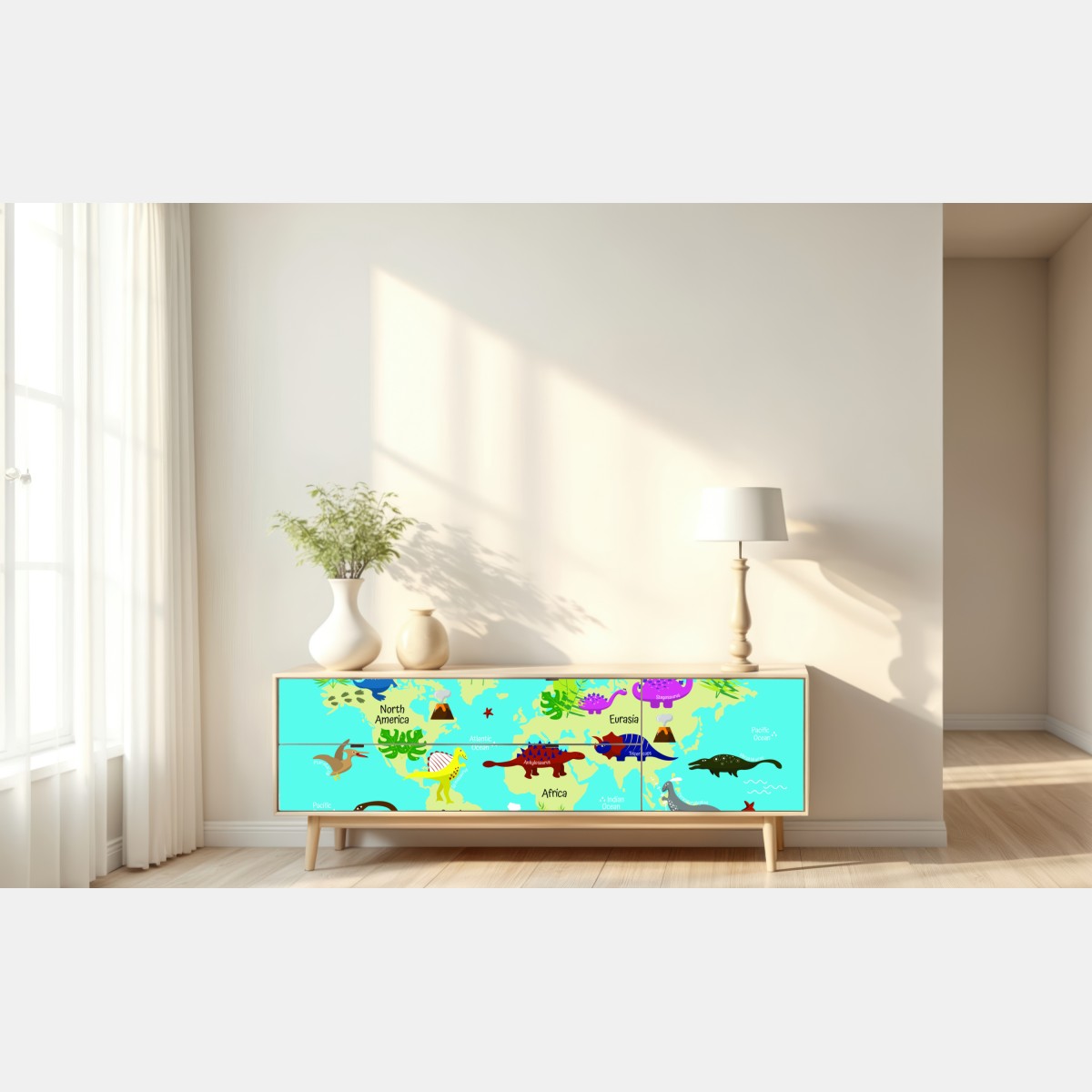 Naklejka repozycjonowalna kolorowa mapa świata z dinozaurami – Wallissimo® Naklejka repozycjonowalna kolorowa mapa świata z dinozaurami – Wallissimo®