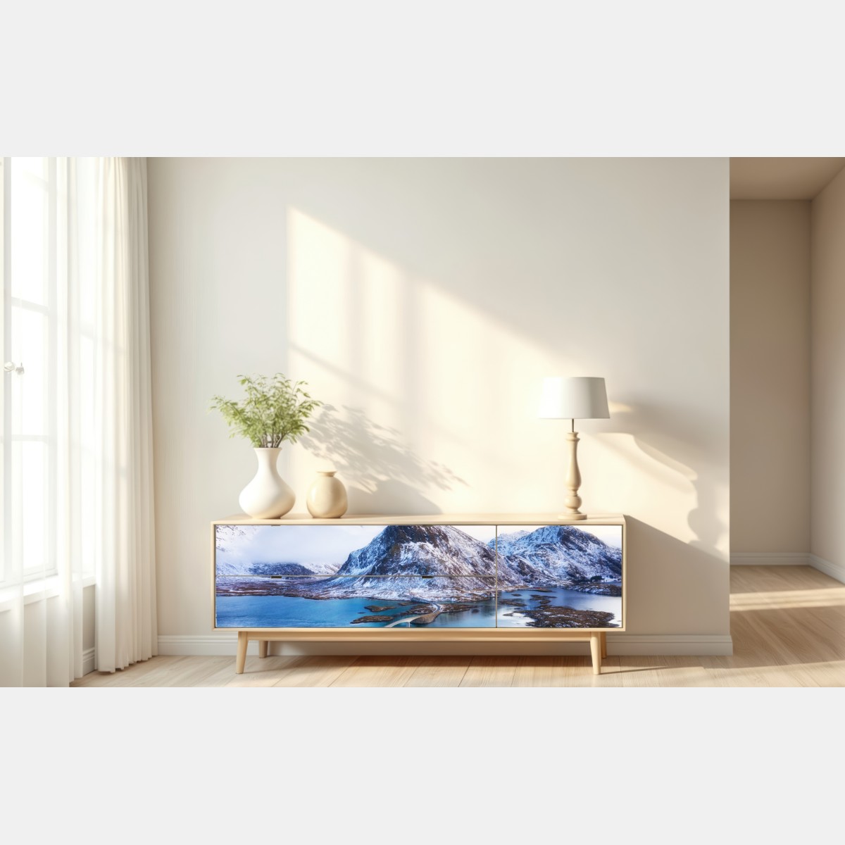 Naklejka repozycjonowalna Lofoty most i góra z lotu ptaka – Wallissimo® Naklejka repozycjonowalna Lofoty most i góra z lotu ptaka – Wallissimo®