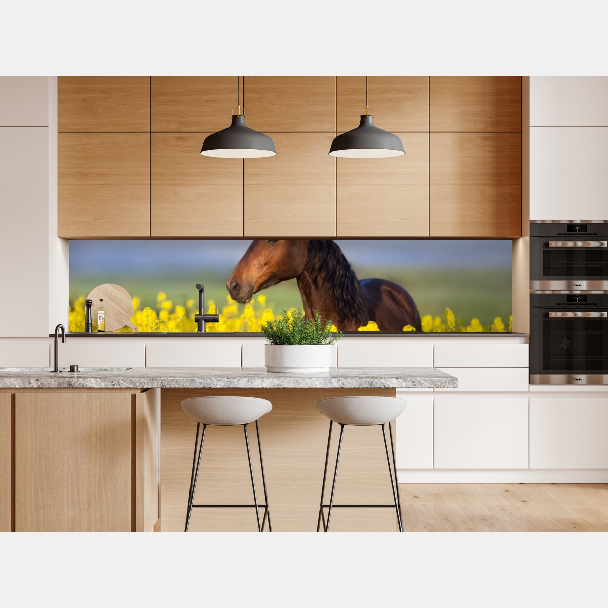 Naklejka repozycjonowalna gniady koń na polu rzepaku – Wallissimo® Naklejka repozycjonowalna gniady koń na polu rzepaku – Wallissimo®
