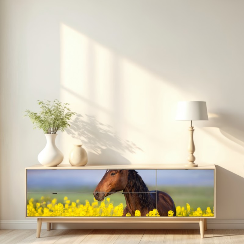 Naklejka repozycjonowalna gniady koń na polu rzepaku – Wallissimo® Naklejka repozycjonowalna gniady koń na polu rzepaku – Wallissimo®