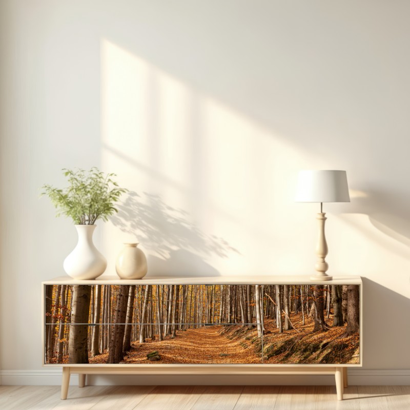 Naklejka repozycjonowalna jesienna ścieżka leśna w złotych liściach – Wallissimo® Naklejka repozycjonowalna jesienna ścieżka leśna w złotych liściach – Wallissimo®