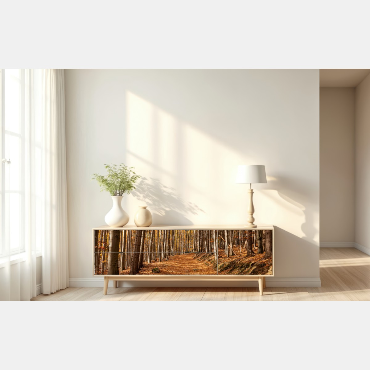 Naklejka repozycjonowalna jesienna ścieżka leśna w złotych liściach – Wallissimo® Naklejka repozycjonowalna jesienna ścieżka leśna w złotych liściach – Wallissimo®