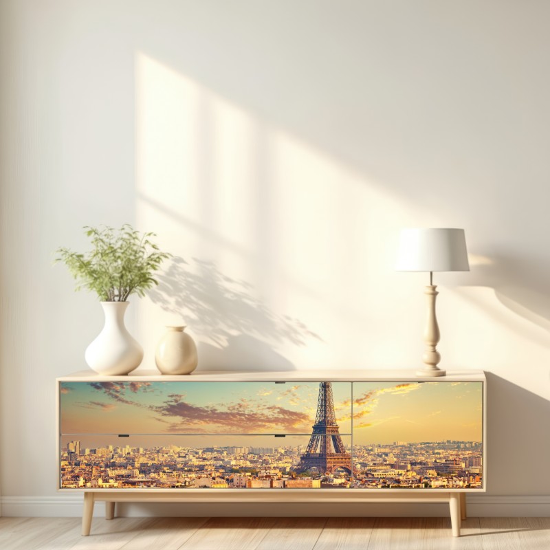 Naklejka repozycjonowalna zachód słońca nad panoramą Paryża z Wieżą Eiffla – Wallissimo®