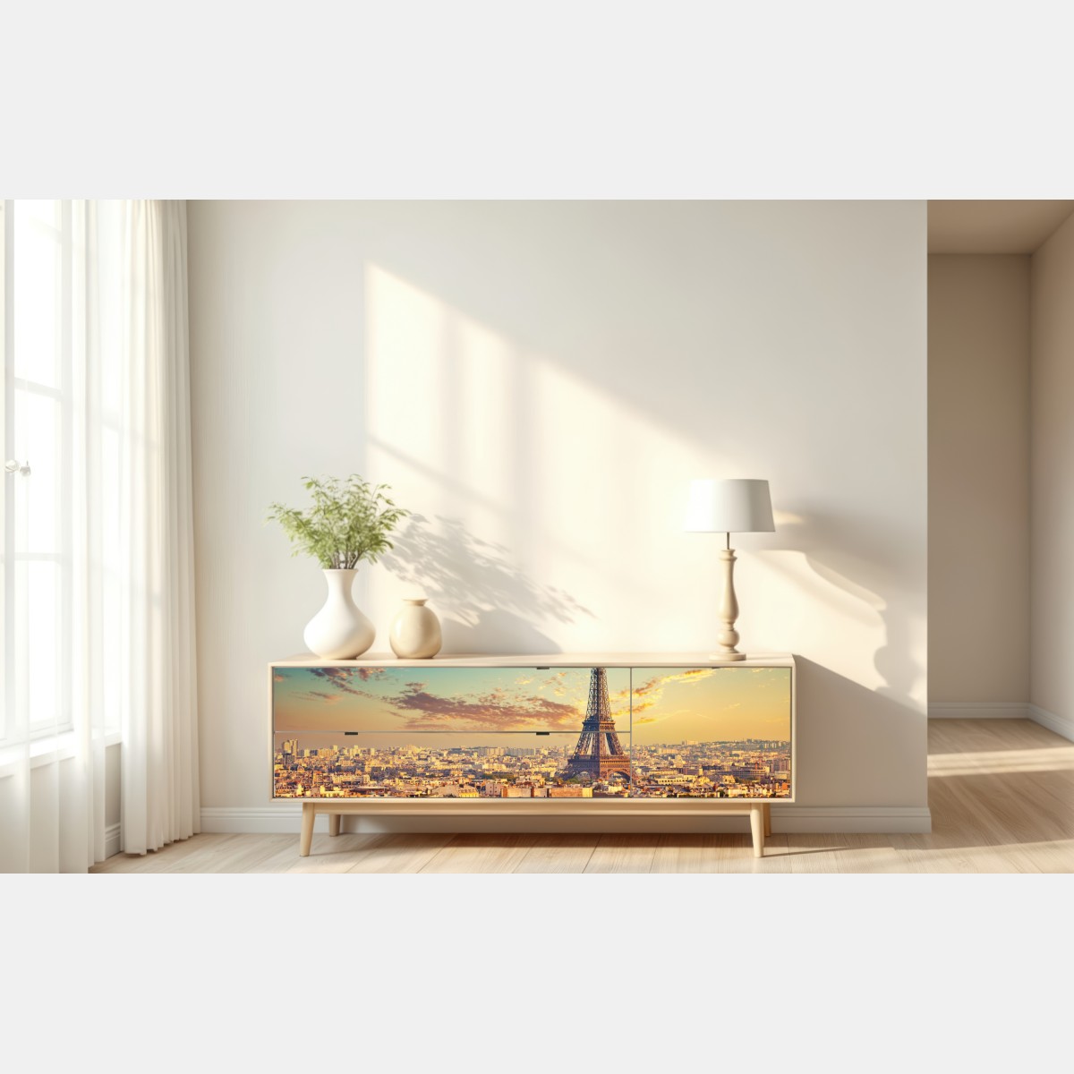 Naklejka repozycjonowalna zachód słońca nad panoramą Paryża z Wieżą Eiffla – Wallissimo®