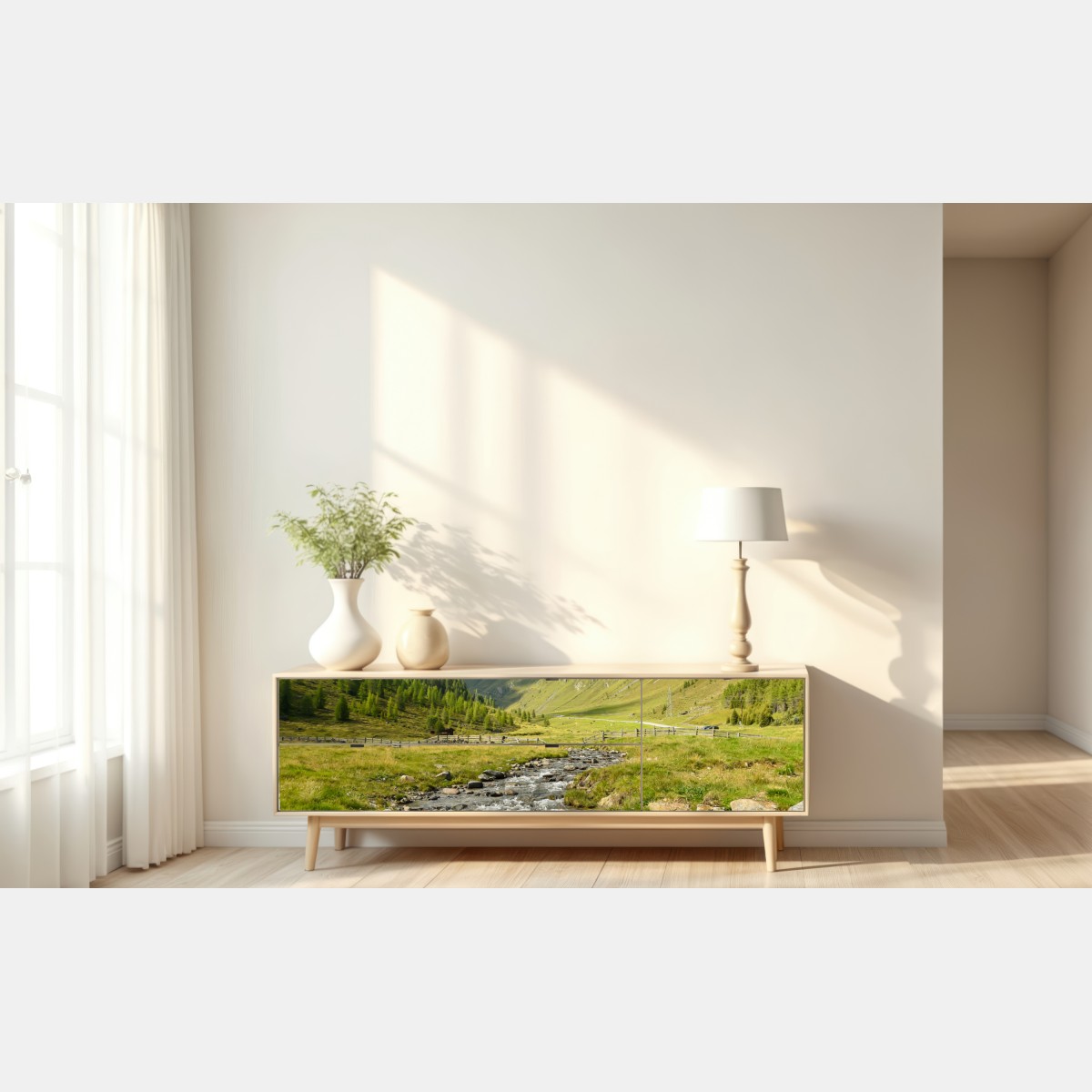 Naklejka repozycjonowalna alpejski strumień w słonecznej dolinie – Wallissimo® Naklejka repozycjonowalna alpejski strumień w słonecznej dolinie – Wallissimo®