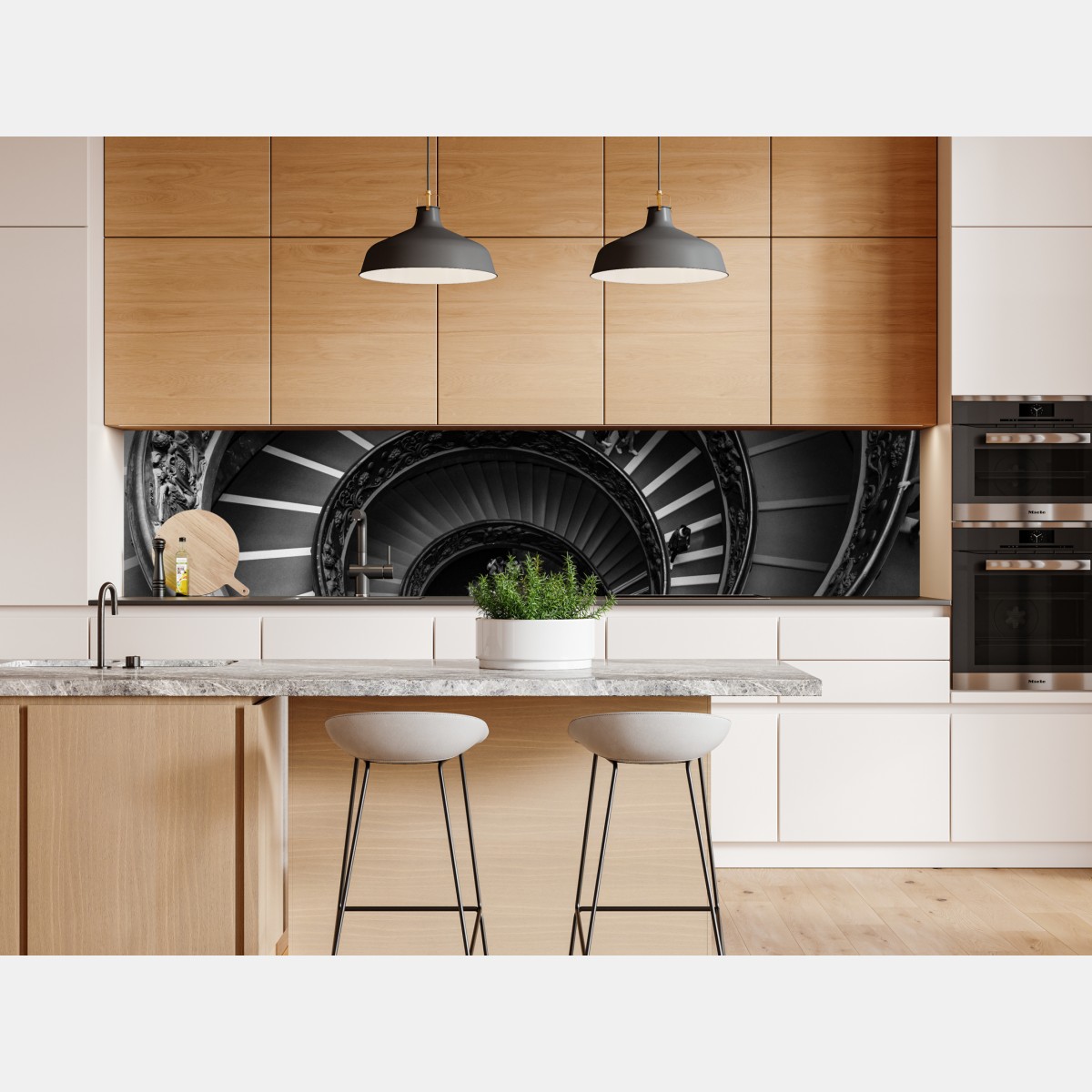 Naklejka repozycjonowalna dramtyczne spiralne schody w monochromii – Wallissimo® Naklejka repozycjonowalna dramtyczne spiralne schody w monochromii – Wallissimo®