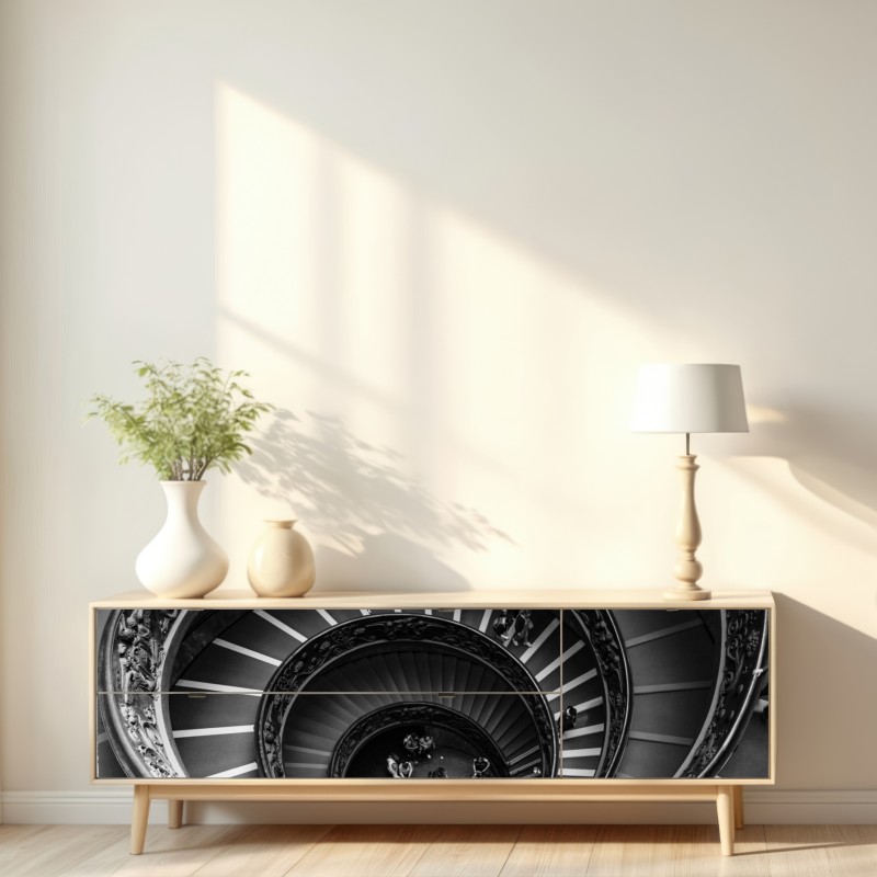 Naklejka repozycjonowalna dramtyczne spiralne schody w monochromii – Wallissimo® Naklejka repozycjonowalna dramtyczne spiralne schody w monochromii – Wallissimo®