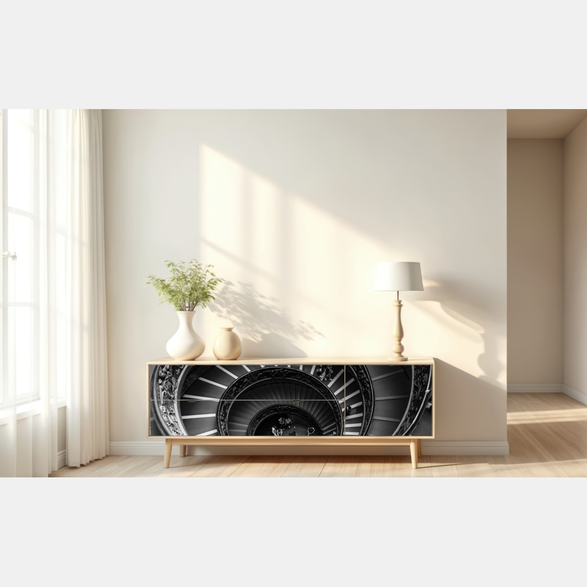 Naklejka repozycjonowalna dramtyczne spiralne schody w monochromii – Wallissimo® Naklejka repozycjonowalna dramtyczne spiralne schody w monochromii – Wallissimo®