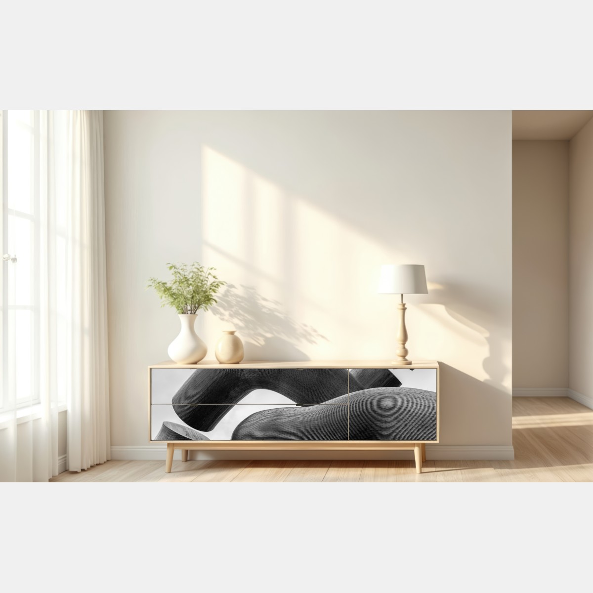 Naklejka repozycjonowalna krzywe formy abstrakcyjna rzeźba w odcieniach szarości – Wallissimo® Naklejka repozycjonowalna krzywe formy abstrakcyjna rzeźba w odcieniach szarości – Wallissimo®