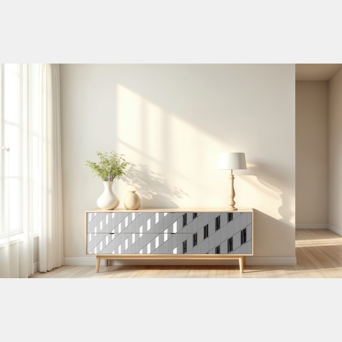 Naklejka repozycjonowalna minimalistyczna fasada z geometrycznym wzorem – Wallissimo® Naklejka repozycjonowalna minimalistyczna fasada z geometrycznym wzorem – Wallissimo®