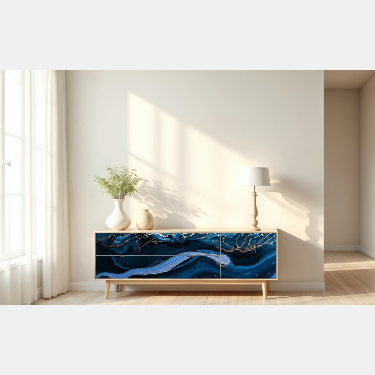 Naklejka repozycjonowalna granatowo-złota abstrakcja w ruchu – Wallissimo® Naklejka repozycjonowalna granatowo-złota abstrakcja w ruchu – Wallissimo®