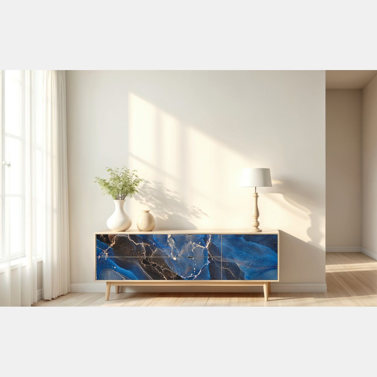 Naklejka repozycjonowalna luksusowe niebiesko-złote abstrakcyjne fale – Wallissimo® Naklejka repozycjonowalna luksusowe niebiesko-złote abstrakcyjne fale – Wallissimo®