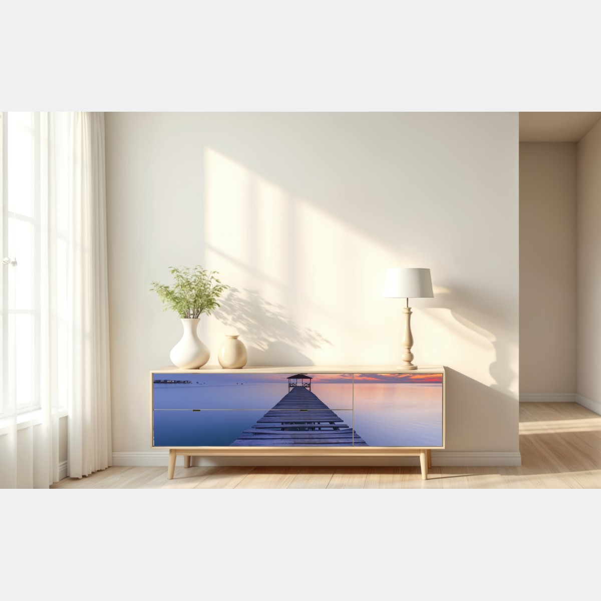 Naklejka repozycjonowalna spokojne drewniane molo o zachodzie słońca – Wallissimo® Naklejka repozycjonowalna spokojne drewniane molo o zachodzie słońca – Wallissimo®