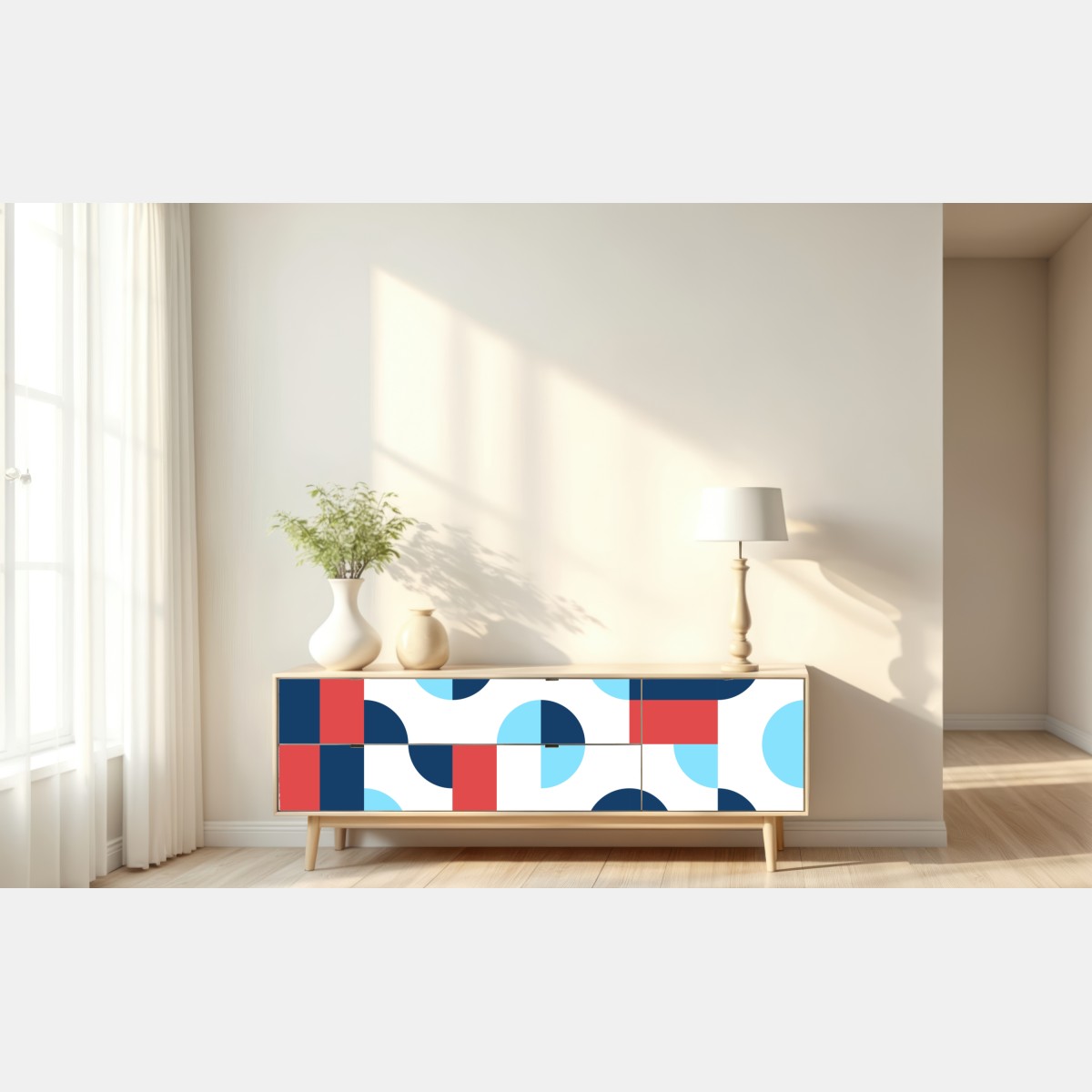 Naklejka repozycjonowalna odważny geometryczny wzór w granacie i koralu – Wallissimo® Naklejka repozycjonowalna odważny geometryczny wzór w granacie i koralu – Wallissimo®