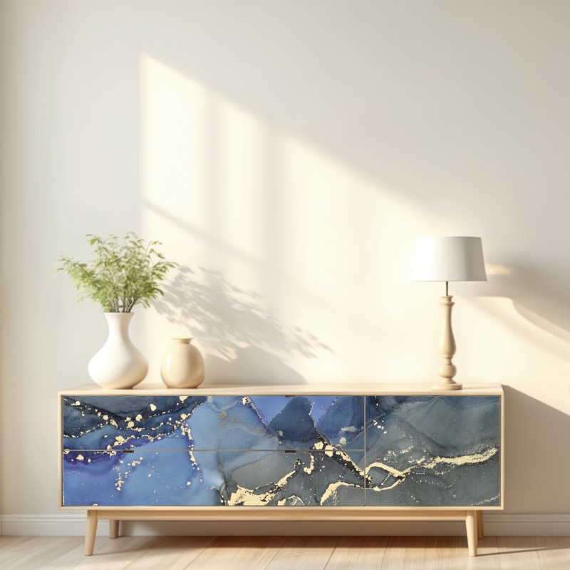 Naklejka repozycjonowalna luksusowa niebiesko-złota abstrakcja fluidalna – Wallissimo® Naklejka repozycjonowalna luksusowa niebiesko-złota abstrakcja fluidalna – Wallissimo®