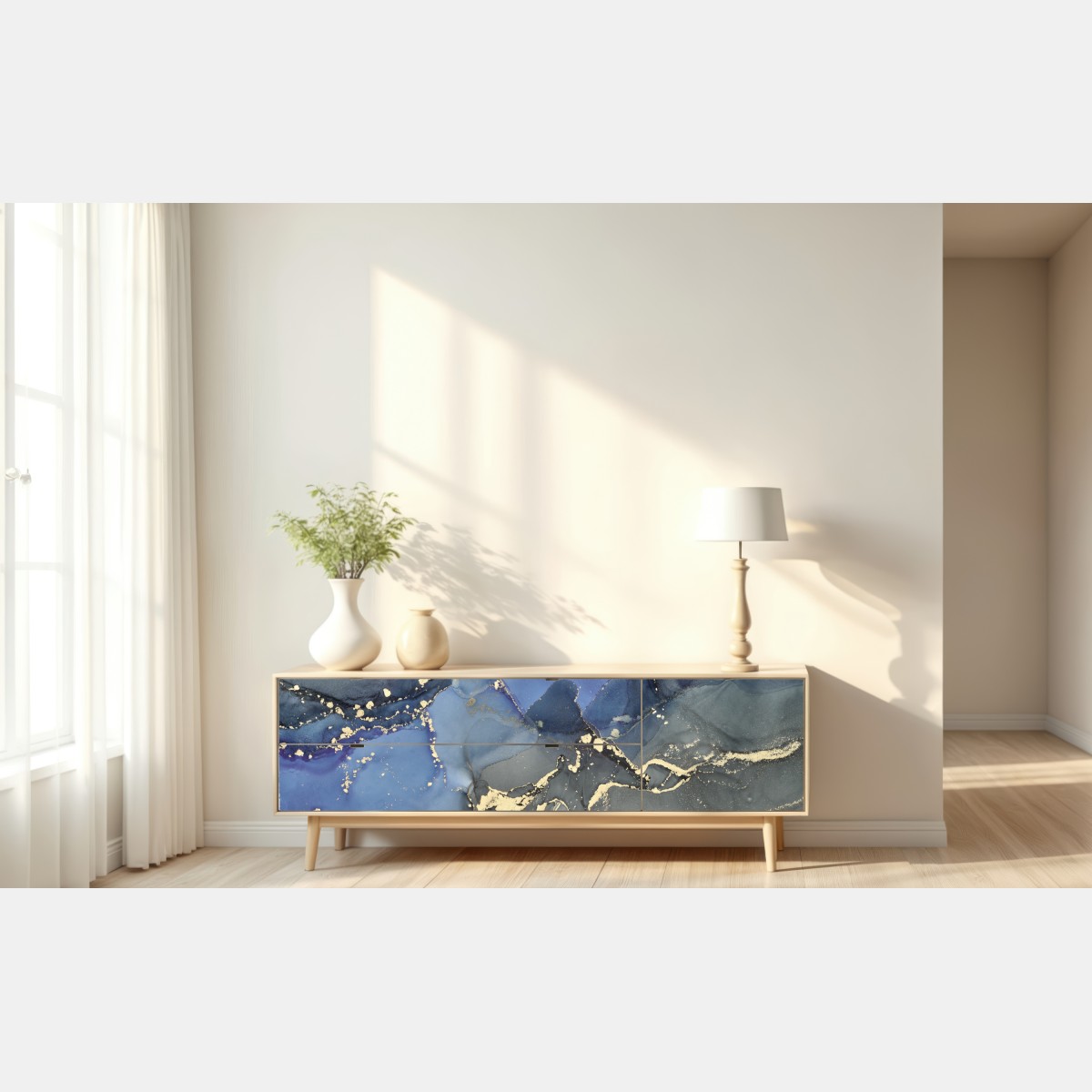 Naklejka repozycjonowalna luksusowa niebiesko-złota abstrakcja fluidalna – Wallissimo® Naklejka repozycjonowalna luksusowa niebiesko-złota abstrakcja fluidalna – Wallissimo®