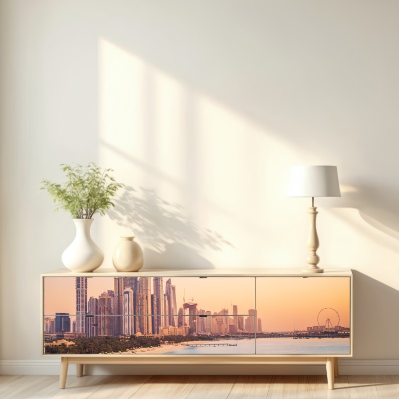 Naklejka repozycjonowalna Dubaj panorama miasta o zachodzie słońca – Wallissimo® Naklejka repozycjonowalna Dubaj panorama miasta o zachodzie słońca – Wallissimo®