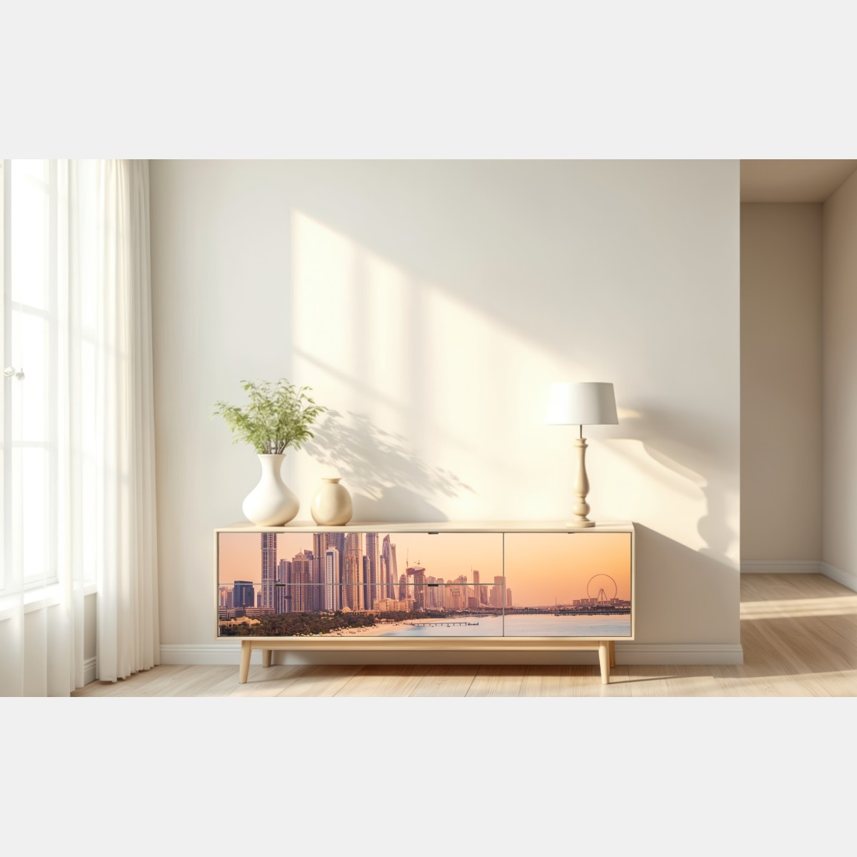 Naklejka repozycjonowalna Dubaj panorama miasta o zachodzie słońca – Wallissimo® Naklejka repozycjonowalna Dubaj panorama miasta o zachodzie słońca – Wallissimo®