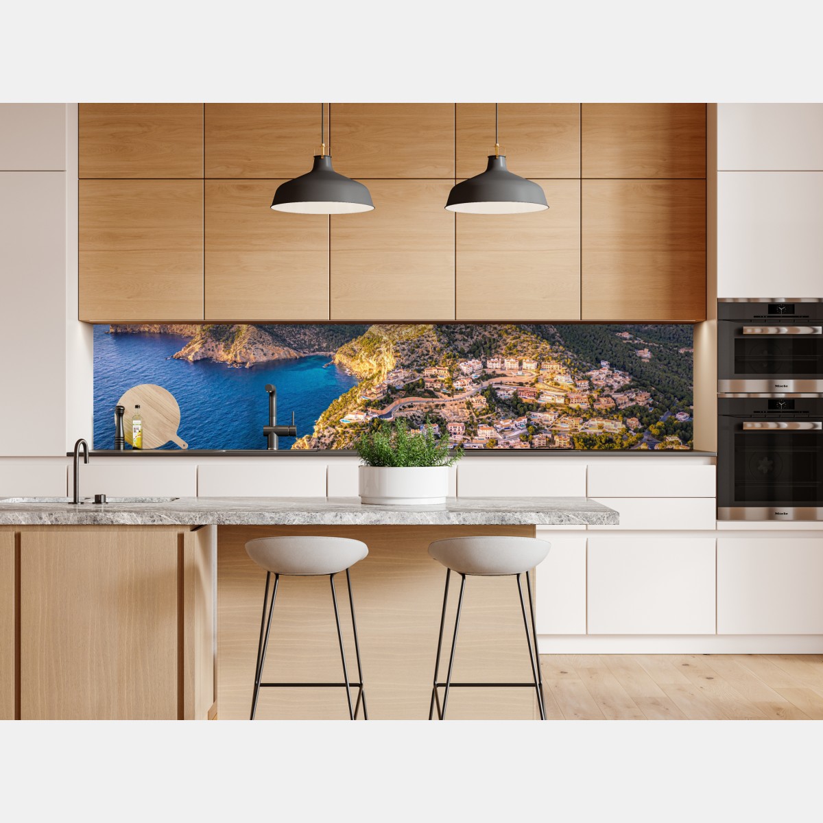 Naklejka repozycjonowalna zachód słońca nad klifem i nadmorską wioską – Wallissimo® Naklejka repozycjonowalna zachód słońca nad klifem i nadmorską wioską – Wallissimo®