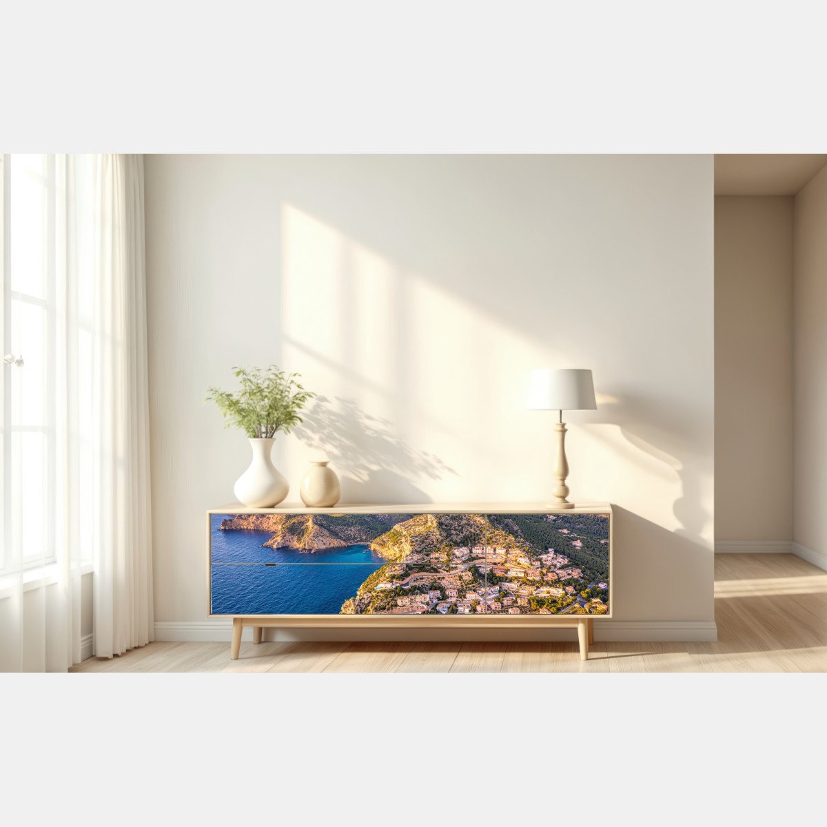 Naklejka repozycjonowalna zachód słońca nad klifem i nadmorską wioską – Wallissimo® Naklejka repozycjonowalna zachód słońca nad klifem i nadmorską wioską – Wallissimo®