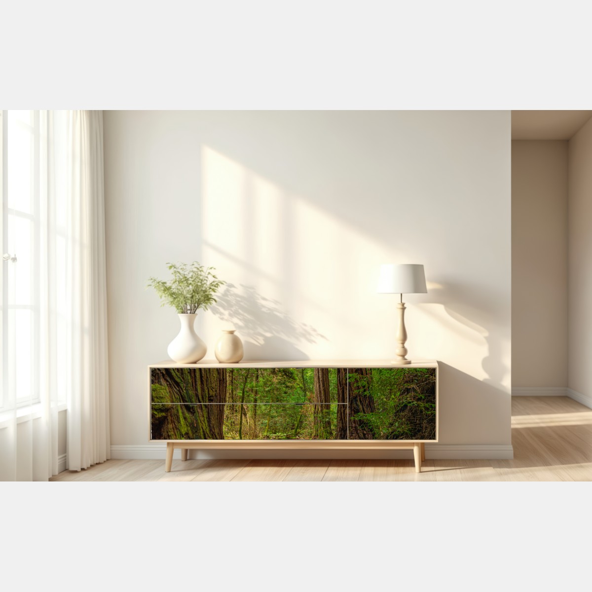 Naklejka repozycjonowalna majestatyczna ścieżka w lesie sekwoi – Wallissimo® Naklejka repozycjonowalna majestatyczna ścieżka w lesie sekwoi – Wallissimo®