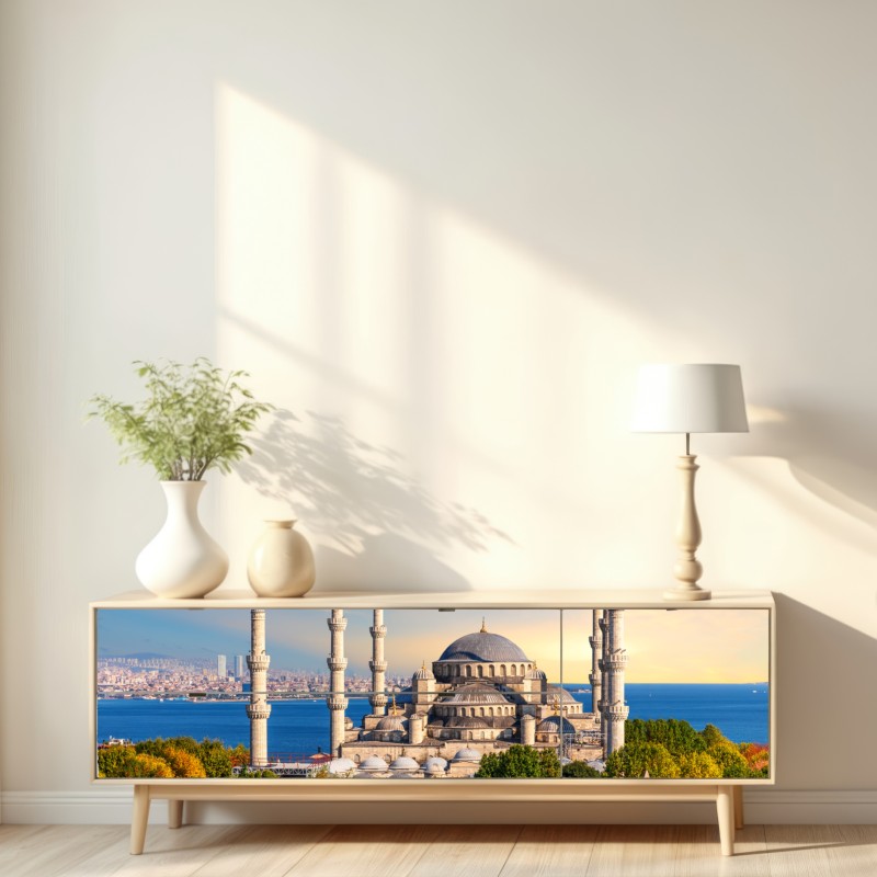 Naklejka repozycjonowalna Stambuł z Błękitnym Meczetem o zachodzie słońca – Wallissimo® Naklejka repozycjonowalna Stambuł z Błękitnym Meczetem o zachodzie słońca – Wallissimo®
