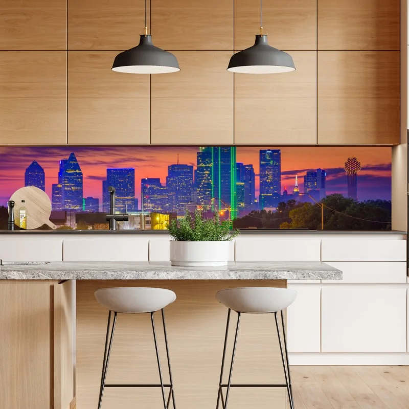 Naklejka repozycjonowalna Dallas panorama miasta o fioletowym zmierzchu – Wallissimo®