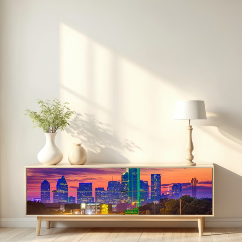 Naklejka repozycjonowalna panorama Dallas o zachodzie słońca z świetlnymi smugami autostrady – Wallissimo® Naklejka repozycjonowalna panorama Dallas o zachodzie słońca z świetlnymi smugami autostrady – Wallissimo®