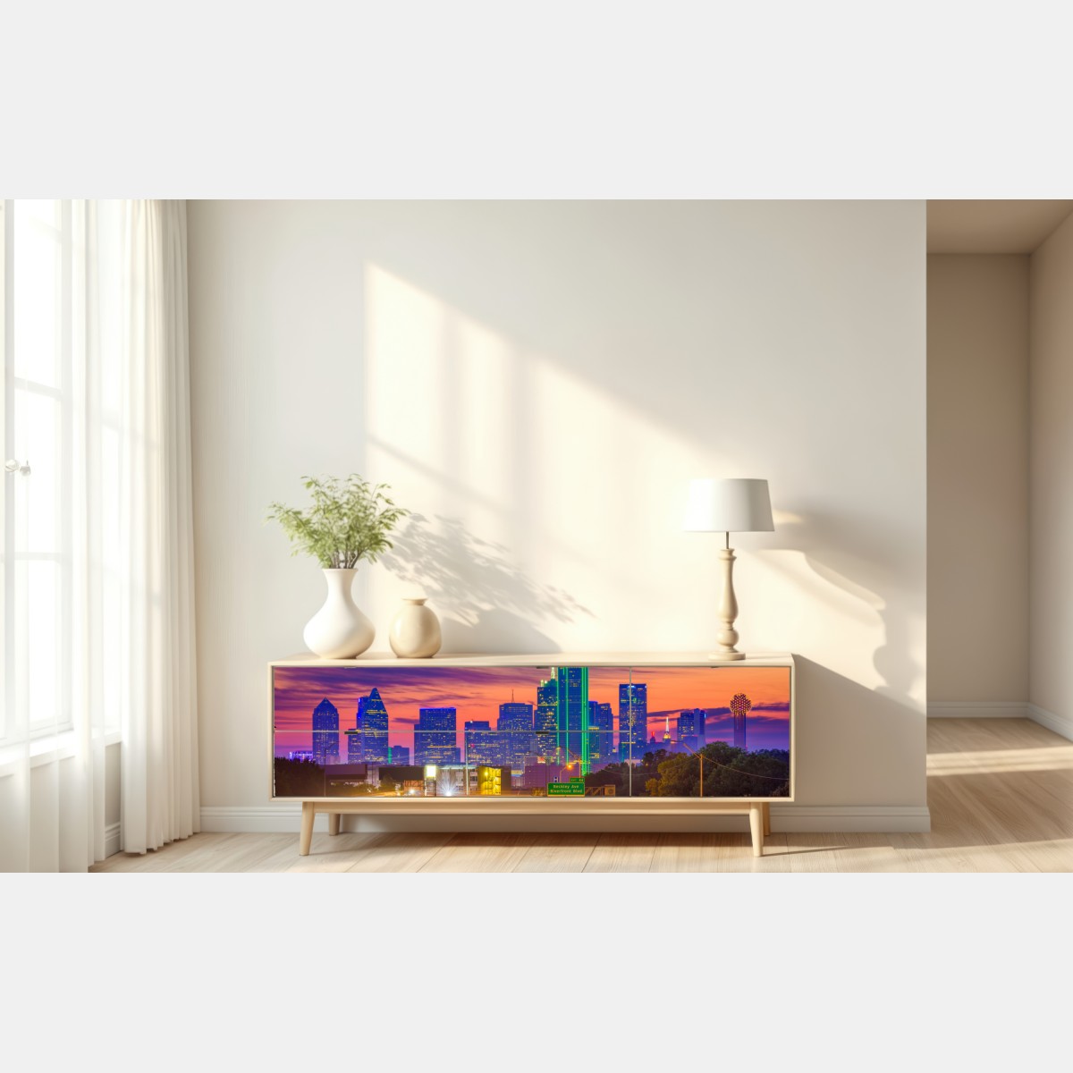 Naklejka repozycjonowalna panorama Dallas o zachodzie słońca z świetlnymi smugami autostrady – Wallissimo® Naklejka repozycjonowalna panorama Dallas o zachodzie słońca z świetlnymi smugami autostrady – Wallissimo®