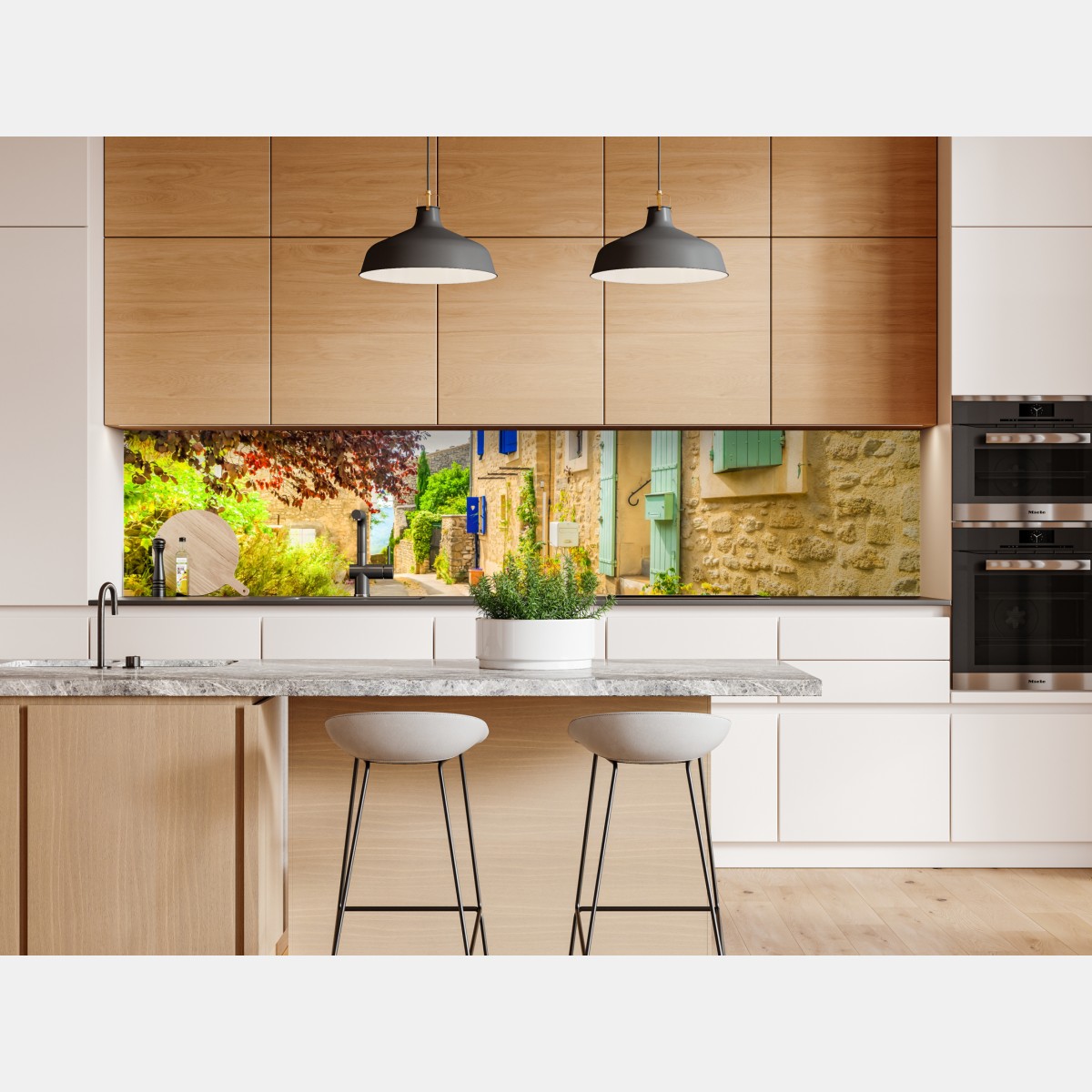 Naklejka repozycjonowalna słoneczna uliczka z kamiennymi domami i kolorowymi okiennicami – Wallissimo® Naklejka repozycjonowalna słoneczna uliczka z kamiennymi domami i kolorowymi okiennicami – Wallissimo®