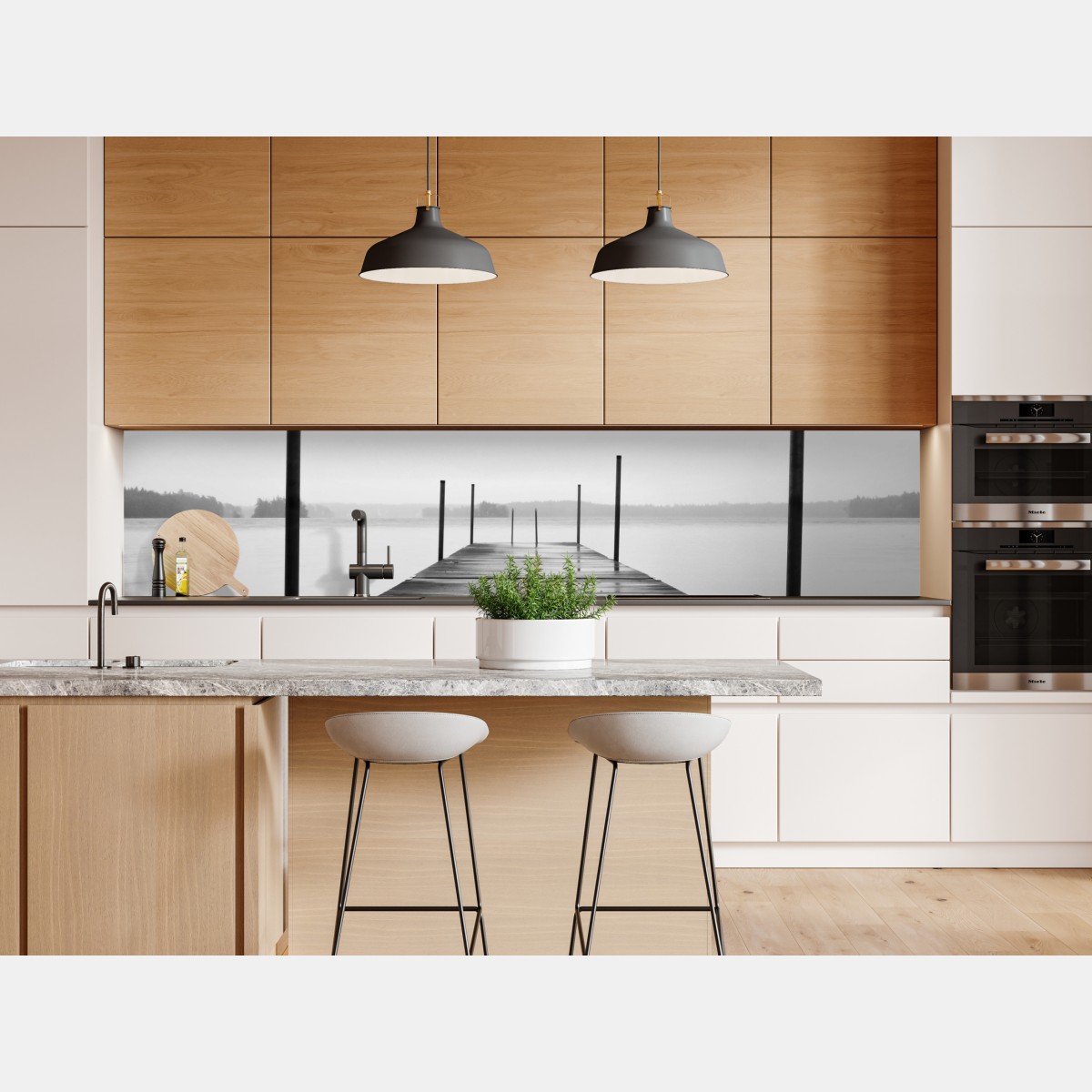 Naklejka repozycjonowalna mglisty pomost nad jeziorem w monochromie – Wallissimo® Naklejka repozycjonowalna mglisty pomost nad jeziorem w monochromie – Wallissimo®