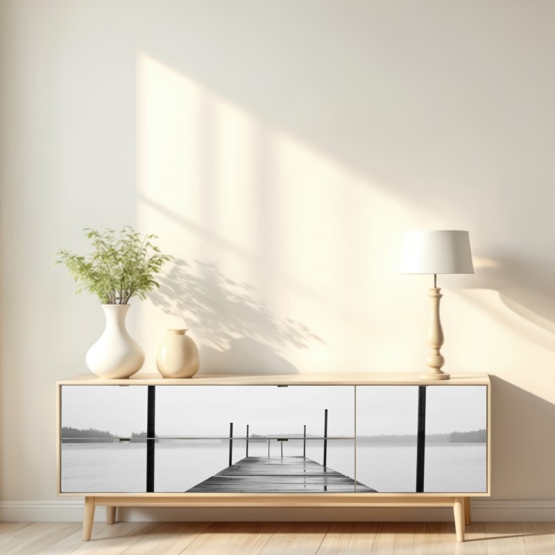 Naklejka repozycjonowalna mglisty pomost nad jeziorem w monochromie – Wallissimo® Naklejka repozycjonowalna mglisty pomost nad jeziorem w monochromie – Wallissimo®